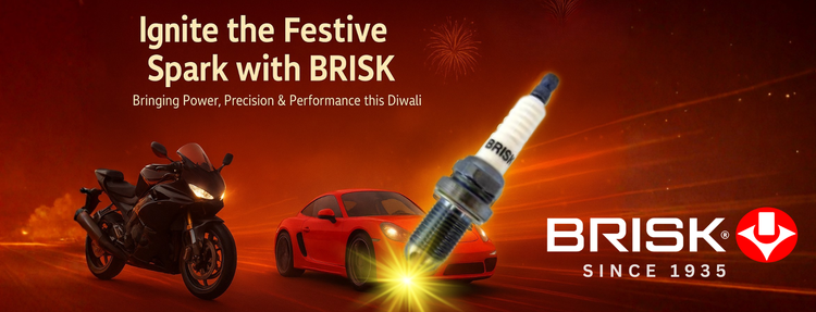 Promotional banner for BRISK spark plugs with a motorcycle and car on a red background.