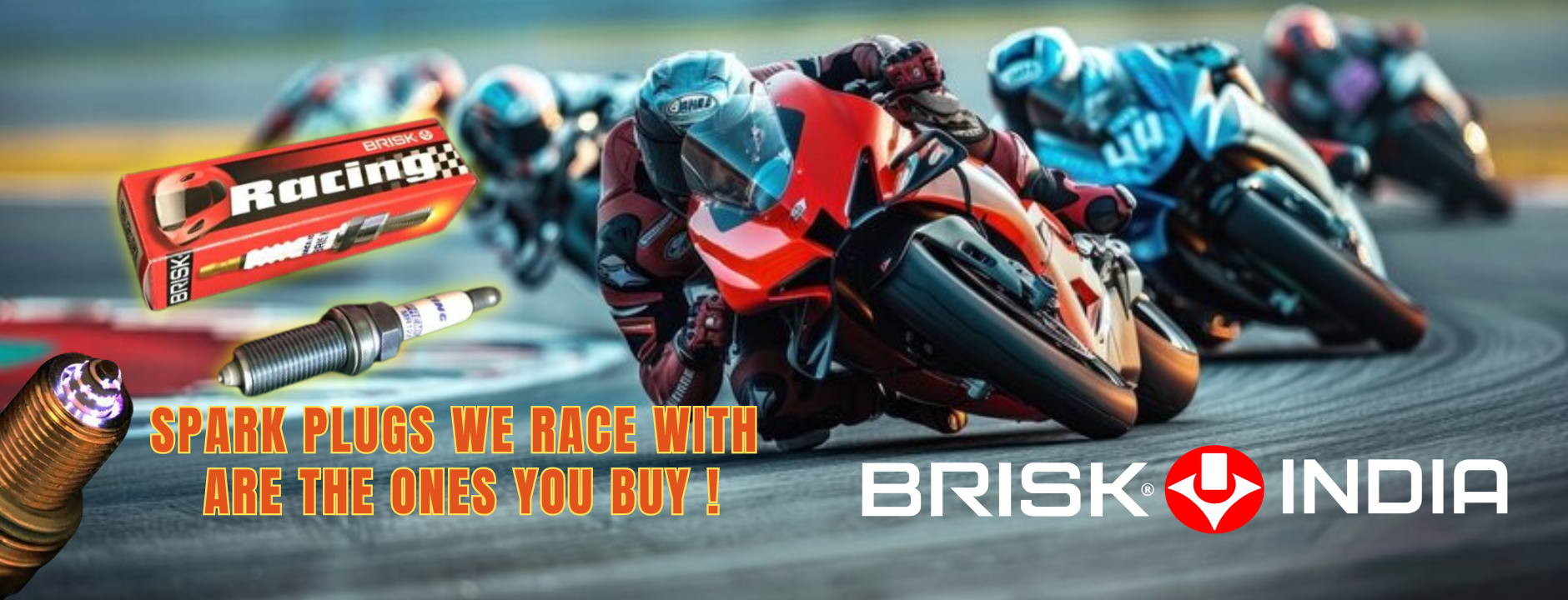 Motorcycle race with riders on a track, featuring Brisk India branding and spark plugs advertisement.